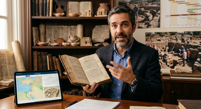 Professor Rodrigo Silva em seu ambiente de estudo, com Bíblia aberta e tablet exibindo o curso 'A Bíblia Comentada', cercado por livros e artefatos arqueológicos.