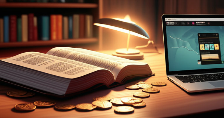 Ambiente de estudo com Bíblia aberta, moedas de ouro e laptop, simbolizando aprendizagem de interpretação bíblica para alcançar prosperidade.