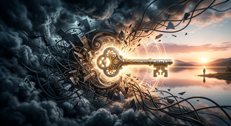 Imagem simbólica de uma chave secreta brilhante abrindo caminho através de nuvens escuras de ansiedade, revelando um cenário de paz e serenidade. Representa o controle sobre a ansiedade e a paz mental.