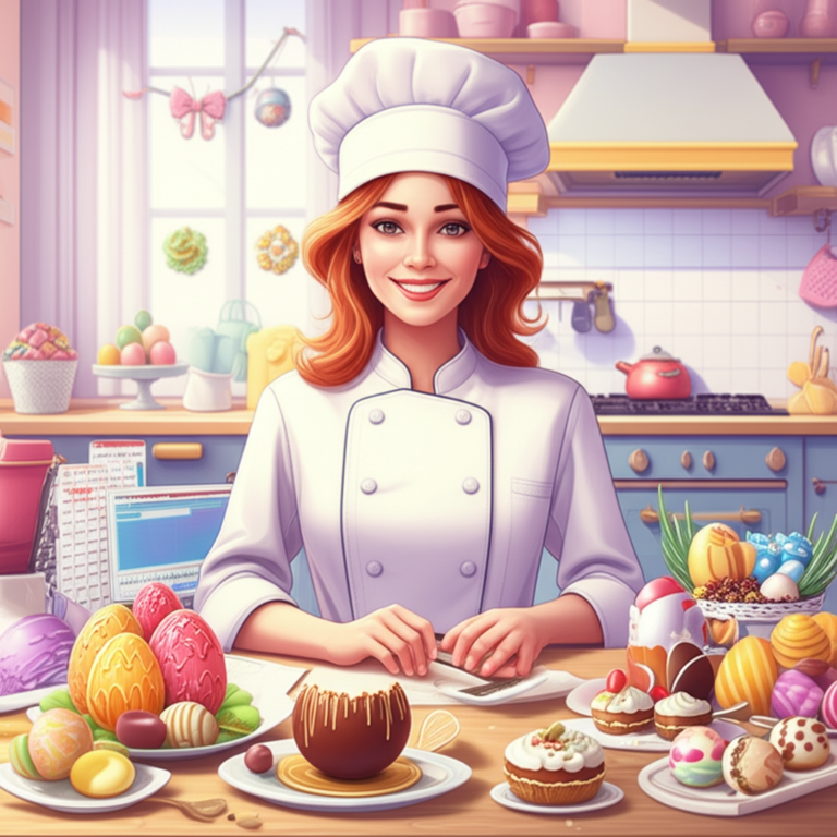 Confeiteira sorrindo ao lado de ovos de Páscoa decorados, laptop com gráficos de vendas, simbolizando a nova era da Páscoa 2026.