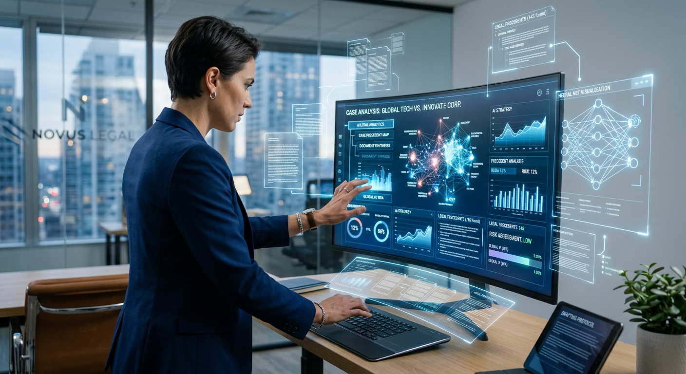 Advogado utilizando inteligência artificial para otimizar a prática jurídica em um ambiente de escritório moderno, com dados digitais e gráficos no monitor.