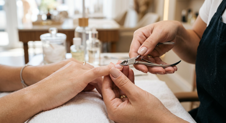 Mãos de manicure habilidosa, representando a técnica de Faby Cardoso, realizando cutilagem 'fundinha' perfeita com alicate em unha natural.