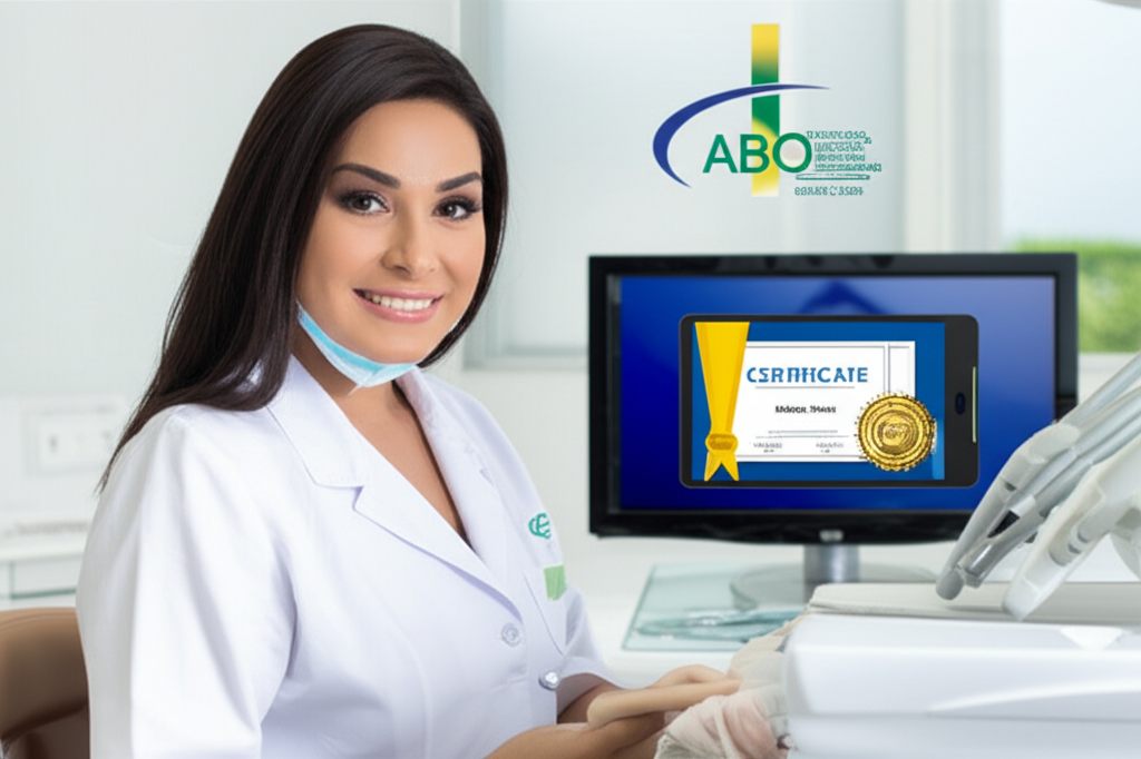 Auxiliar em Saúde Bucal (ASB) em consultório odontológico, com o logo da ABO Montes Claros em um certificado digital ao fundo, simbolizando a autenticidade do curso e a luta contra a pirataria.