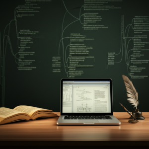 Sala de estudo moderna com livros de gramática portuguesa, laptop e quadro negro com diagramas sintáticos.