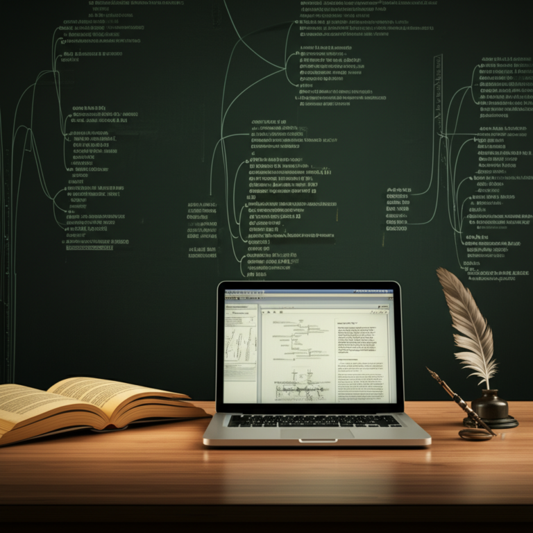 Sala de estudo moderna com livros de gramática portuguesa, laptop e quadro negro com diagramas sintáticos.