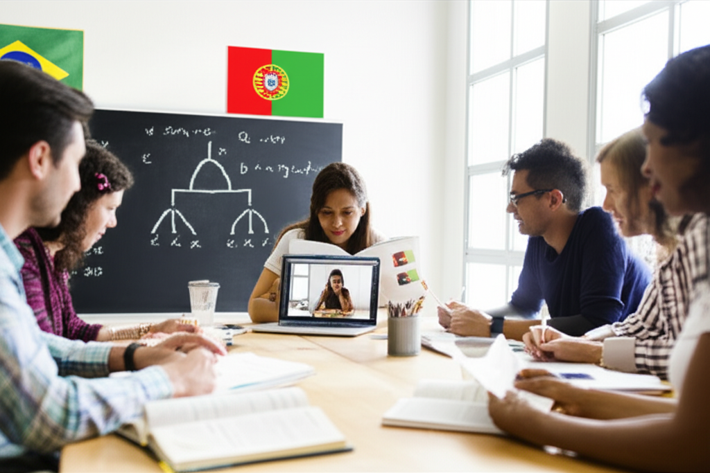 Alunos adultos estudando gramática avançada do português em um ambiente moderno, com livros, laptop e bandeiras do Brasil e de Portugal.