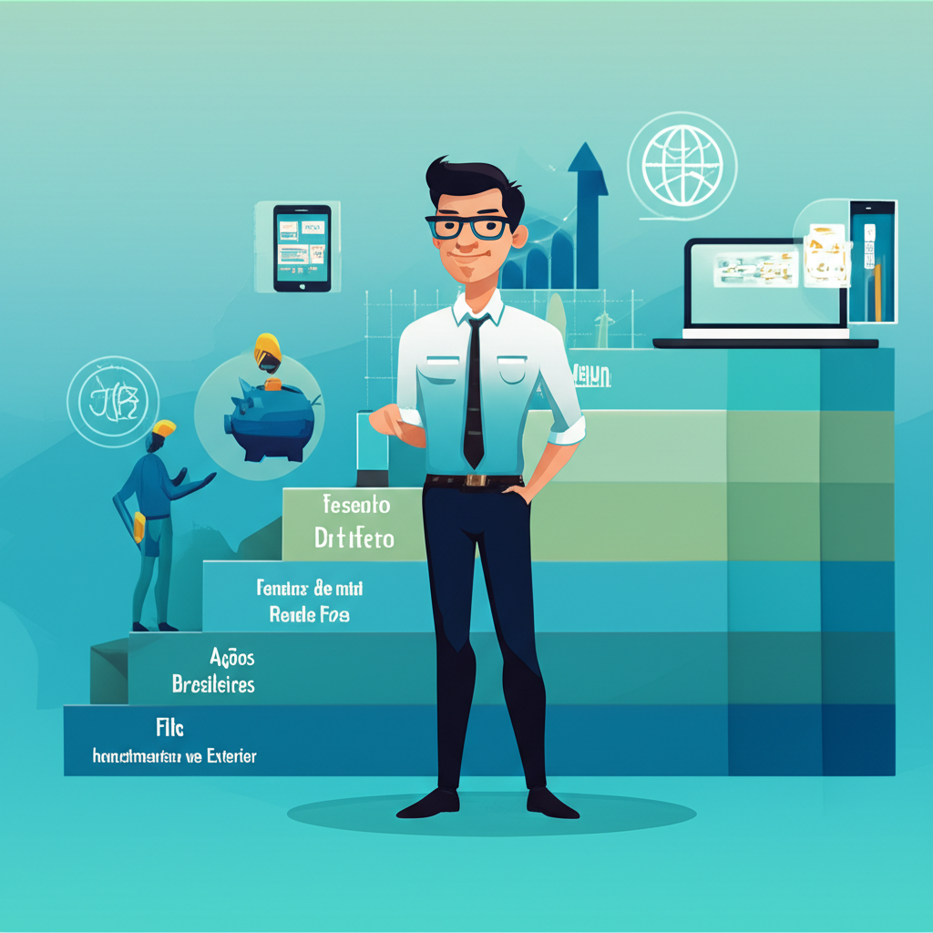 Ilustração de Renan Diego apresentando a trilha de investimentos do curso, do Tesouro Direto ao mercado internacional.