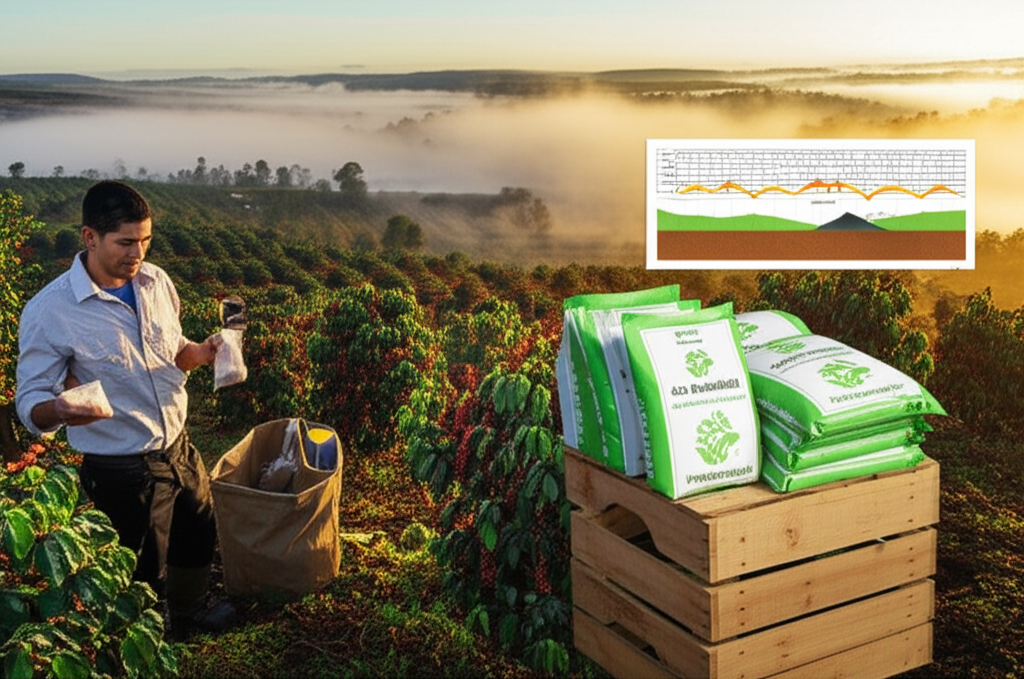 Produtor de café analisando solo e aplicando fertilizante de alta produtividade em plantação de café nas montanhas.