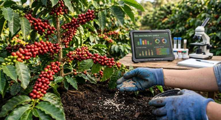 Mão aplicando adubo de precisão em um cafeeiro saudável, carregado de cerejas vermelhas, com foco em dados e análise para alta produtividade.