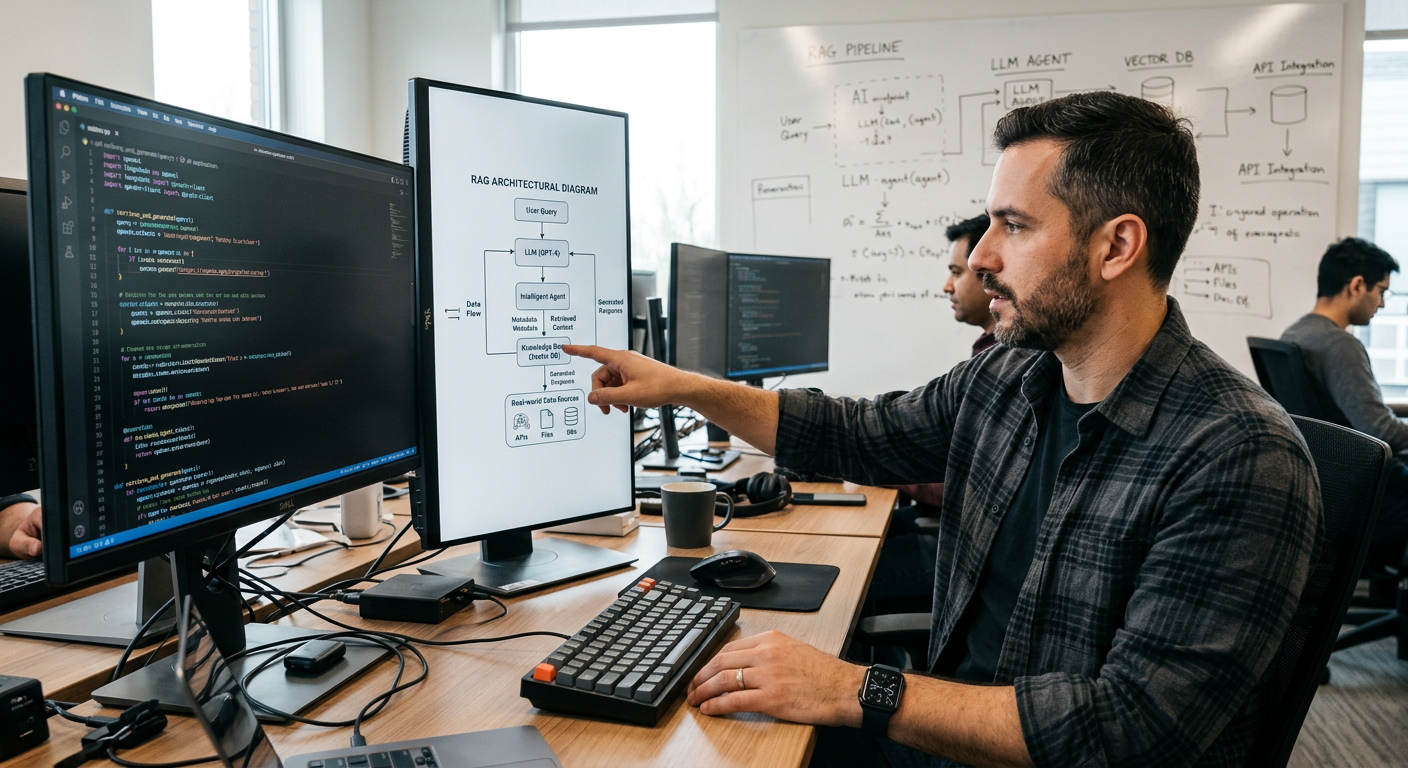 Engenheiro de IA, semelhante a Alberto Luiz, focado em código e diagramas de arquitetura para um sistema RAG com LLMs e agentes, ilustrando engenharia de IA prática e eficiente.