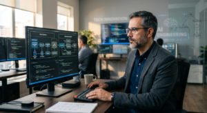 Alberto Souza, engenheiro de IA e instrutor, analisando arquiteturas de sistemas RAG e LLMs em um monitor.