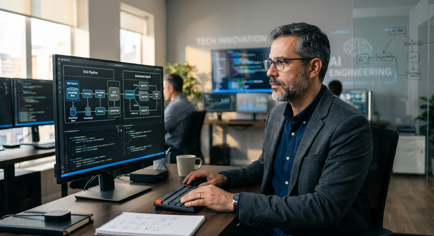 Alberto Souza, engenheiro de IA e instrutor, analisando arquiteturas de sistemas RAG e LLMs em um monitor.