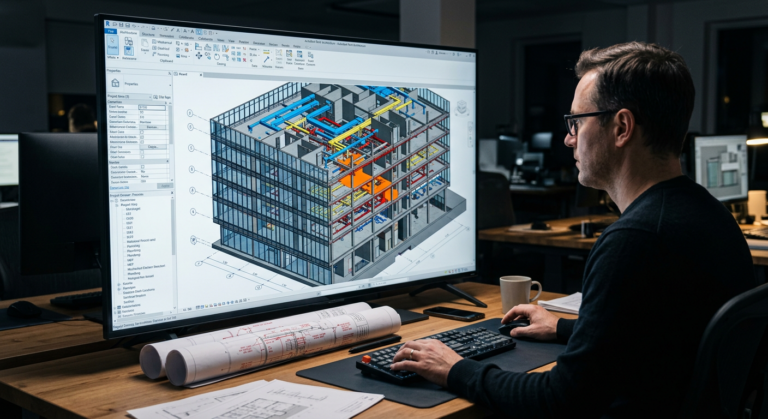 Interface do software Autodesk Revit com um modelo arquitetônico 3D detalhado, exibindo dados BIM e elementos estruturais complexos, em um contexto profissional de design.