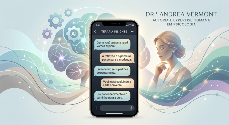 Smartphone com interface do AndreaAI, o terapeuta de bolso de IA, exibindo conversa reflexiva com conceitos de psicanálise. A Dra. Andrea Vermont é sutilmente representada ao fundo.
