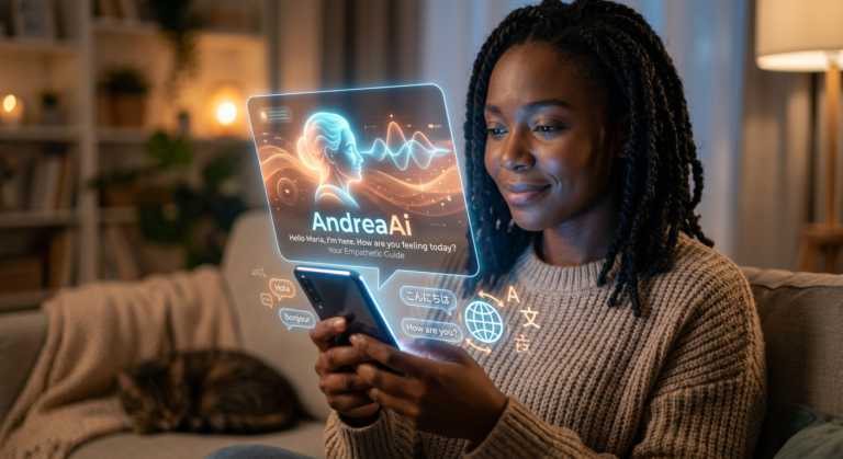 Imagem de uma inteligência artificial (AndreaAi) em um smartphone, com símbolos de idiomas e uma pessoa usando-o para apoio emocional e autoconhecimento.
