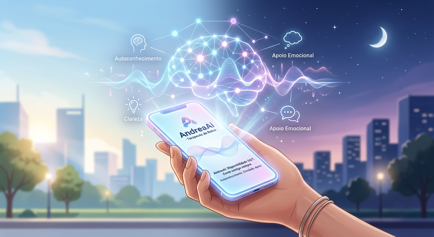 AndreaAi, o terapeuta de bolso com IA, exibido em um smartphone com uma interface digital futurista, representando apoio emocional 24/7, autoconhecimento guiado por neurociência e psicanálise, em um fundo que transita do dia para a noite.