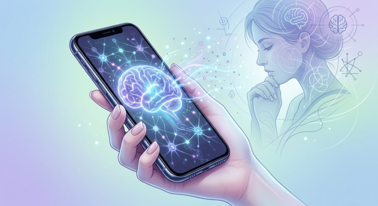 Ilustração conceitual de um smartphone com interface de IA terapêutica, representando AndreaAi e o apoio emocional 24/7.