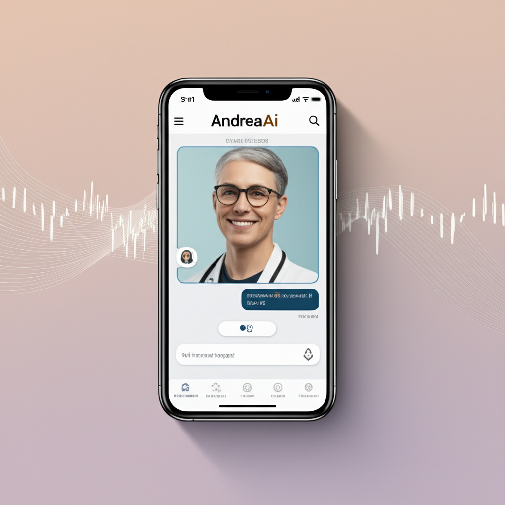 Conceito de tela do aplicativo AndreaAi ‘Terapeuta de Bolso’, exibindo um chat com um avatar de IA empático e elementos sutis de neurociência.
