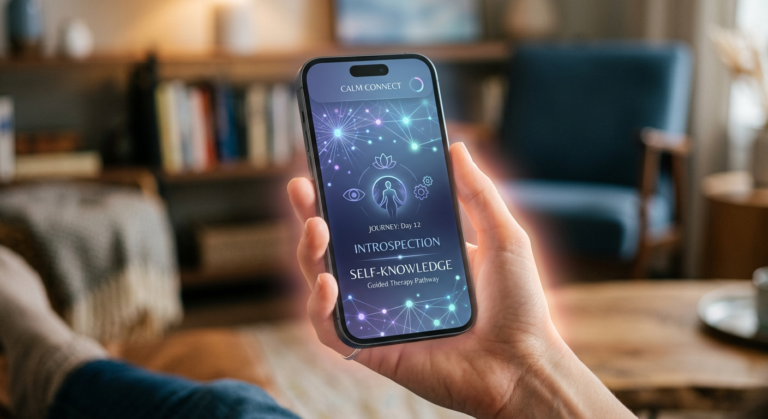 Mão segurando smartphone com interface de IA terapêutica e padrões cerebrais, simbolizando o 'terapeuta de bolso'.