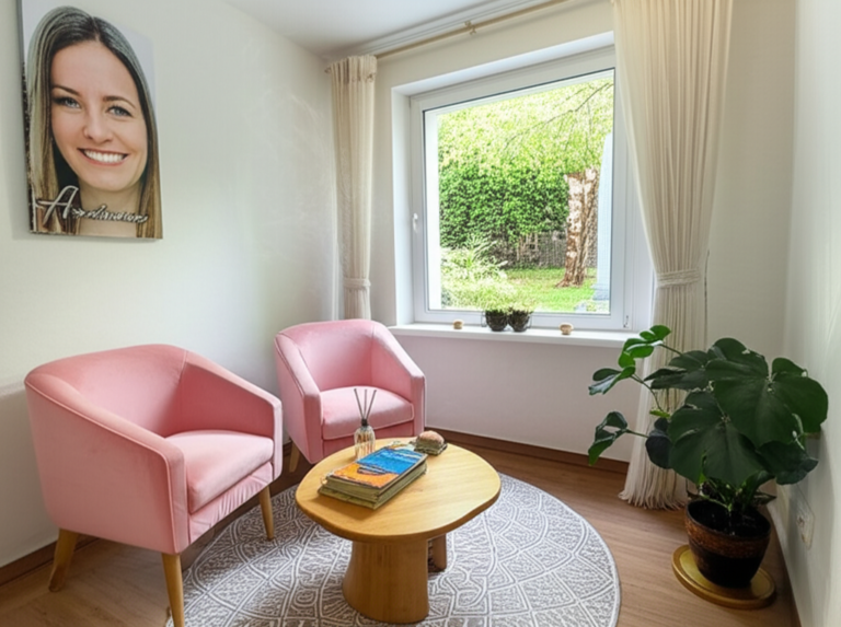 Sala aconchegante de Andreia Espaço Seguro para Clareza Emocional, iluminada suavemente, com cadeiras confortáveis, livros de autoconhecimento e decoração serena.