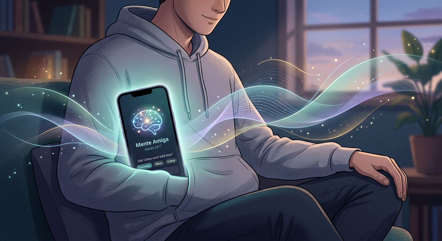 Smartphone com interface de IA de terapeuta de bolso, simbolizando apoio emocional e autoconhecimento 24 horas por dia.
