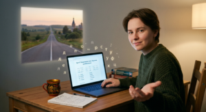 Pessoa estudando russo em computador com letras cirílicas e mão estendida, simbolizando convite e a longa jornada de aprendizado.