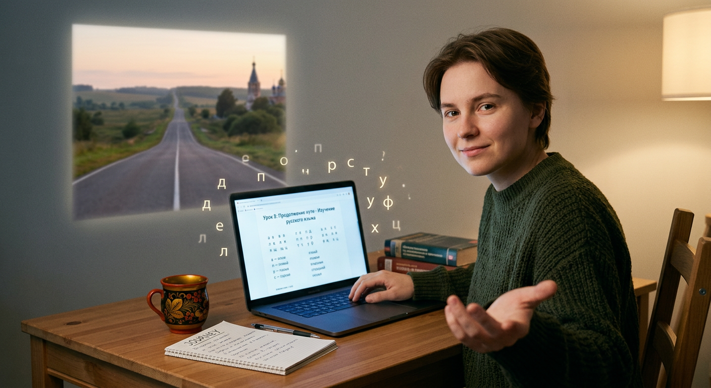 Pessoa estudando russo em computador com letras cirílicas e mão estendida, simbolizando convite e a longa jornada de aprendizado.