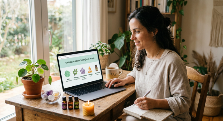 Pessoa estudando terapias holísticas em um laptop, cercada por cristais, óleos essenciais e símbolos de bem-estar, representando um curso online completo.