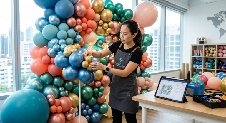 Profissional de arte com balões criando um cenário sofisticado, com elementos visuais que remetem a negócios globais e modernidade.