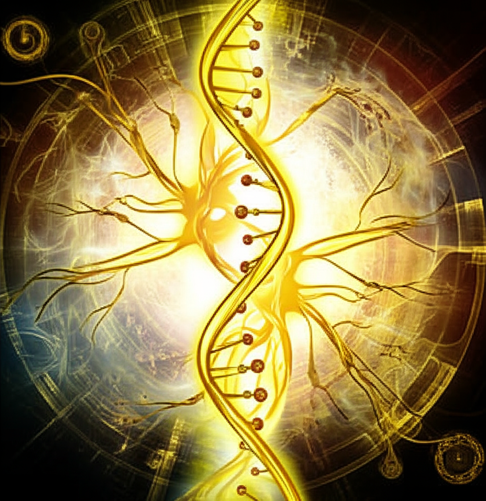 Imagem conceitual de uma mulher cercada por DNA luminoso e vias neurais, simbolizando a ativação da prosperidade e reprogramação mental.