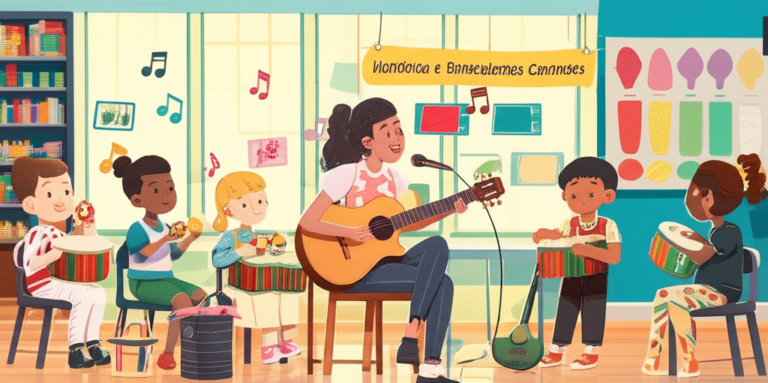Professor cantando com violão e crianças usando instrumentos simples em aula lúdica de Histórias e Brincadeiras Cantadas.