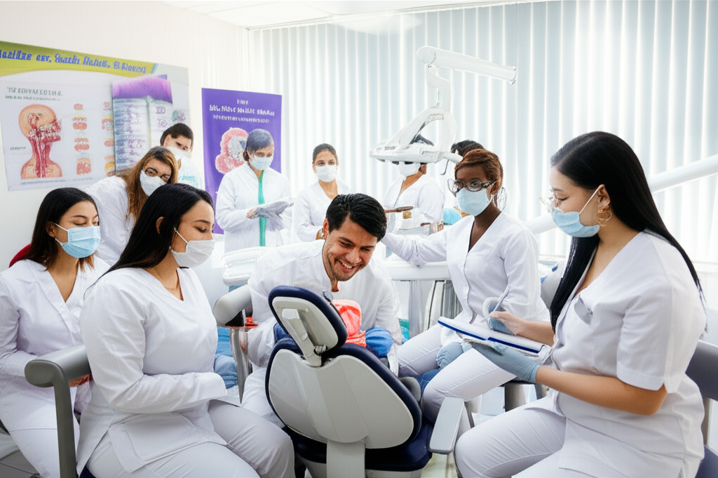 Estudantes de Auxiliar em Saúde Bucal em aula prática dentro de uma clínica odontológica moderna.