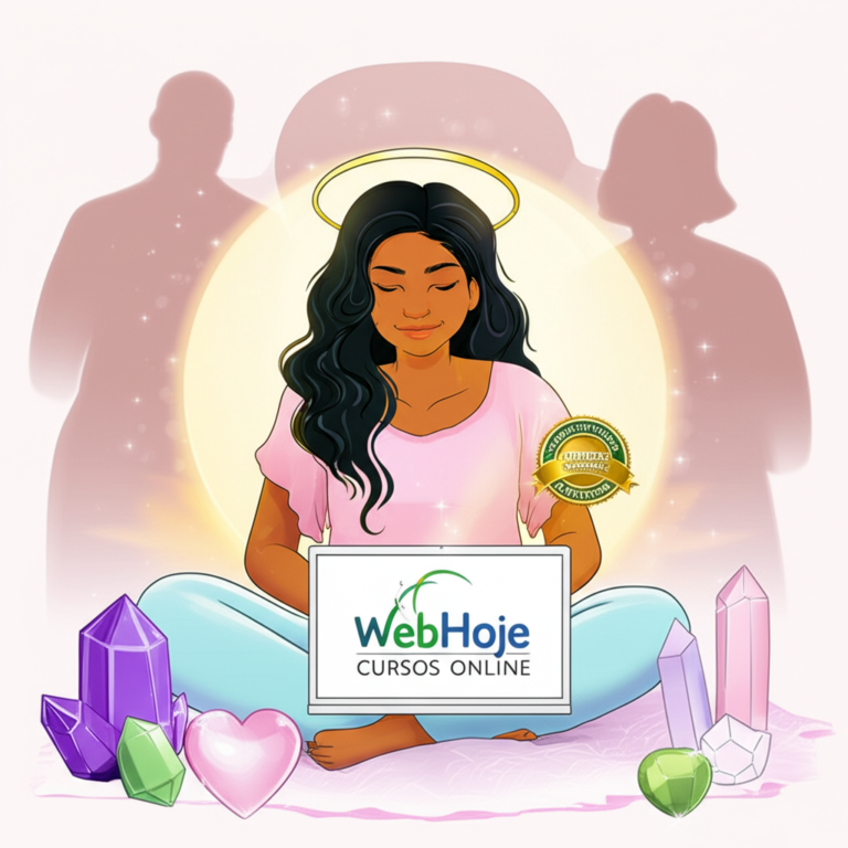 Ilustração 'Desenhando Sem Dom' de mulher estudando cristaloterapia WebHoje, cercada por cristais, com selo ABRATH e proteção contra pirataria.