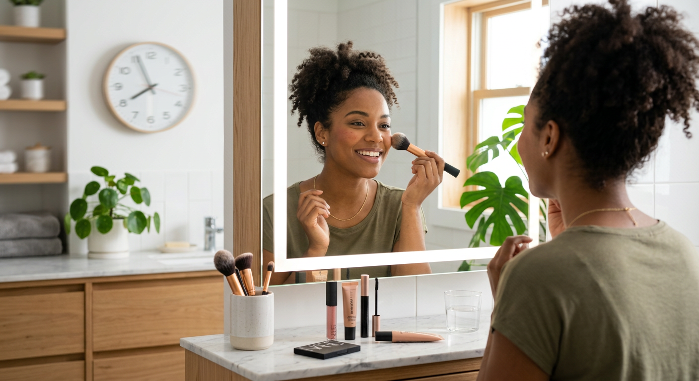 Mulher sorrindo e aplicando automaquiagem prática e rápida no espelho, com foco na eficiência para rotinas de 1 hora, conceito do curso Auto Make Fast Beauty.