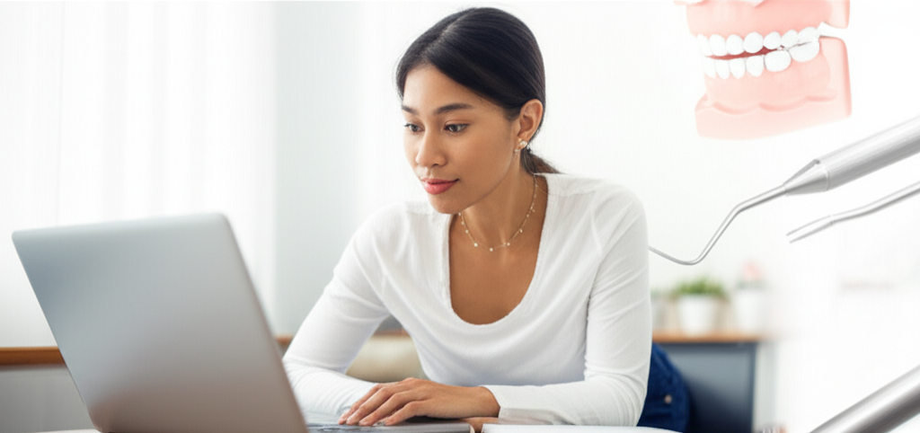 Estudante focado(a) aprendendo online sobre Auxiliar em Saúde Bucal (ASB) em ambiente doméstico, com elementos sutis de odontologia ao fundo, transmitindo uma sensação de aprendizado tranquilo e acessível para todos os ritmos.