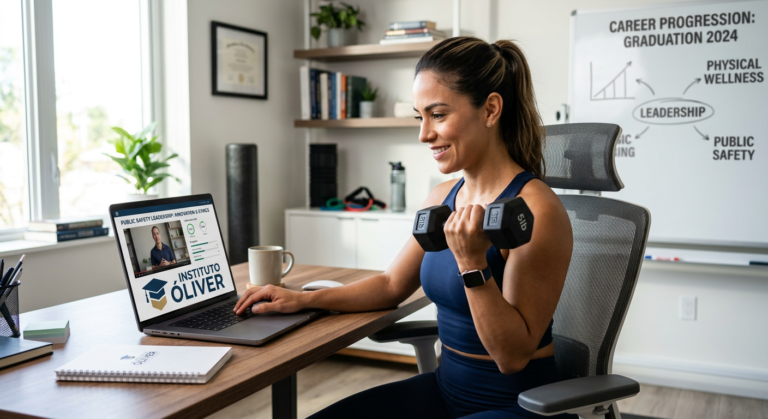 Estudante atlético em home office com laptop e halter, representando o Bacharelado EAD em Educação Física do Instituto Óliver.