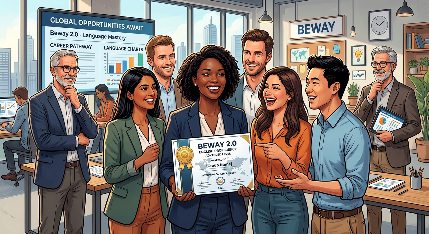 Profissionais diversos com certificado Beway 2.0 do Prof. Jonas, conversando fluentemente em inglês em um ambiente corporativo moderno, simbolizando valor no currículo para recrutadores.