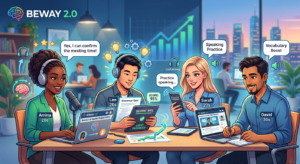 Ilustração de alunos diversos utilizando a plataforma online Beway 2.0 para aprender inglês, com elementos que representam fala, memorização e um gráfico de aumento salarial ao fundo.