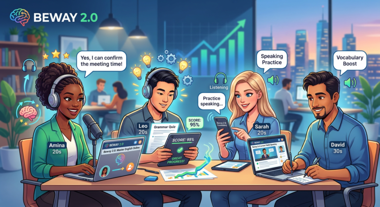 Ilustração de alunos diversos utilizando a plataforma online Beway 2.0 para aprender inglês, com elementos que representam fala, memorização e um gráfico de aumento salarial ao fundo.
