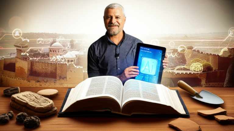 Prof. Rodrigo Silva com Bíblia aberta, artefatos arqueológicos e tablet com IA, simbolizando a Bíblia Comentada que une história, arqueologia e tecnologia.