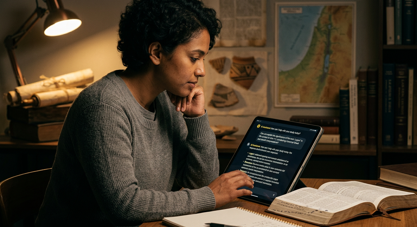 Estudante utilizando o aplicativo Bíblia Comentada de Rodrigo Silva com interface de Inteligência Artificial para tirar dúvidas em um ambiente de estudo noturno, rodeado por livros e artefatos arqueológicos.
