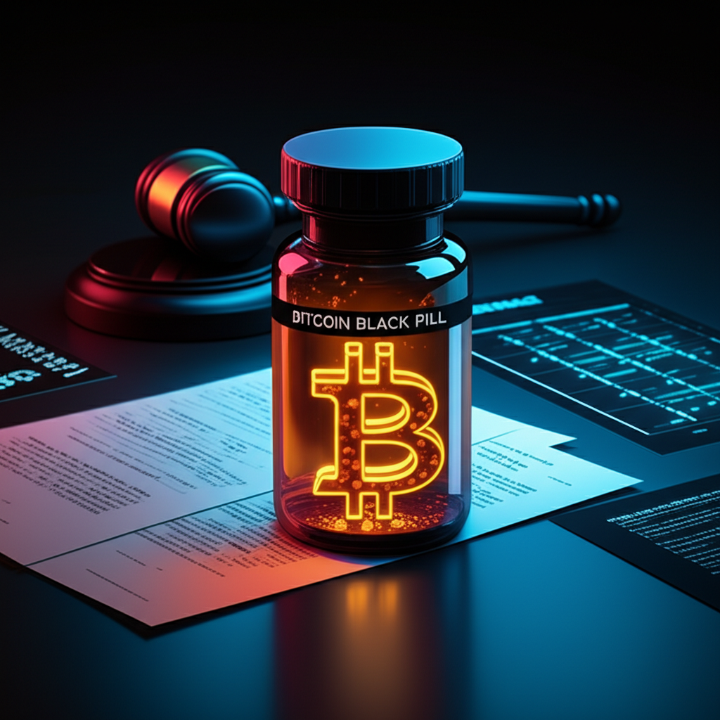 Cápsula preta com logo Bitcoin ao lado de documentos legais e um martelo de juiz, representando a atualização do material conforme leis.