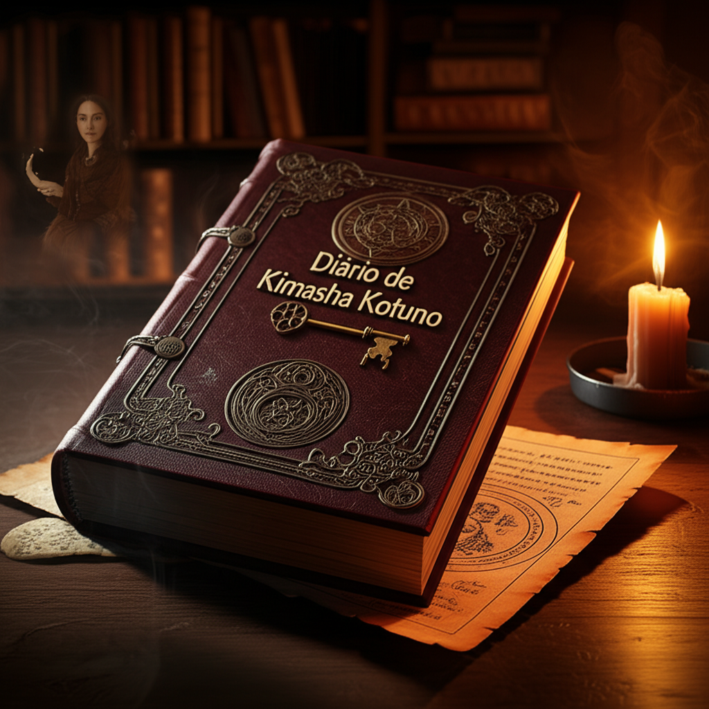 Capa do Diário de Kimasha Kotuno, um livro antigo de couro com símbolos ocultos, iluminado por velas e rodeado por pergaminhos misteriosos.