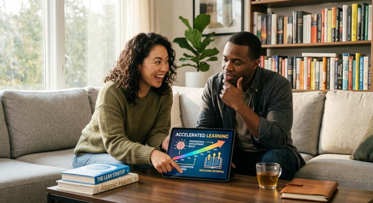 Casal discutindo o investimento no Curso Metaleitura, com um tablet mostrando progresso de leitura rápida e livros ao redor, simbolizando conhecimento e eficiência.