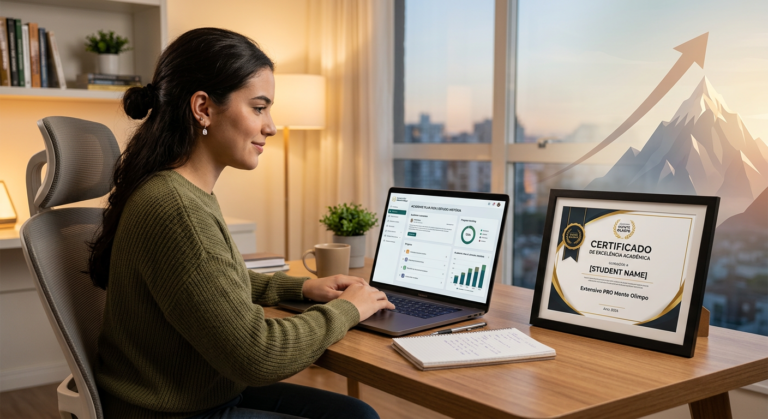 Estudante com certificado Extensivo PRO Monte Olimpo em mãos, simbolizando sucesso acadêmico e potencial de aumento salarial.