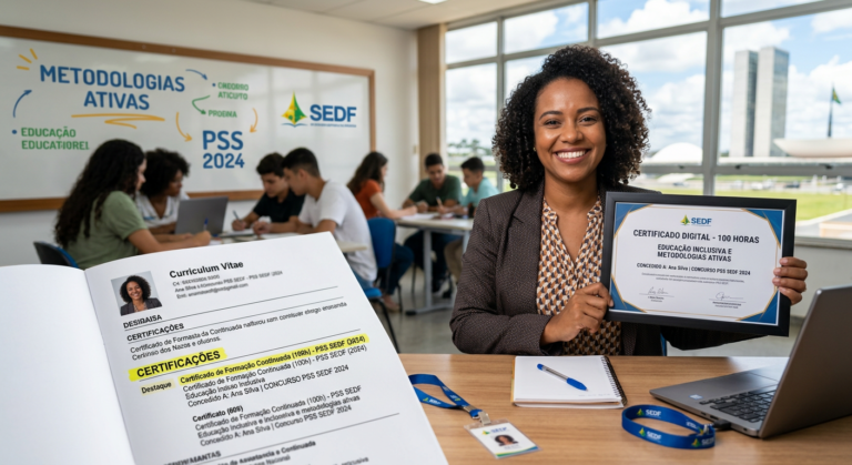 Educador(a) sorridente segurando um certificado digital de 100 horas, com um currículo vitae aberto ao lado, destacando a seção de 'Certificações' para o PSS SEDF.