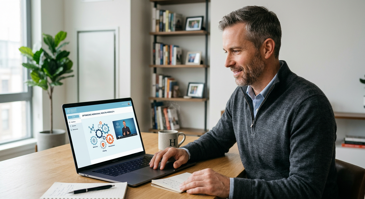 Homem concentrado em conteúdo digital do Clube da Testo, representando a busca por otimização hormonal e saúde masculina.