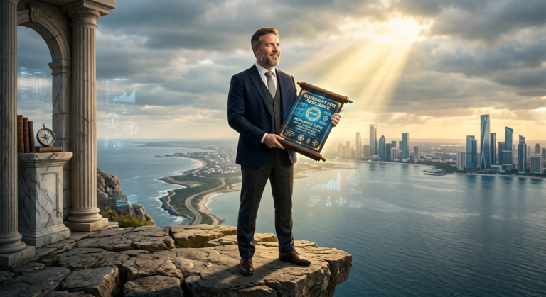 Um mentor sábio e carismático (Titio Bernardo/Thiago Nigro) simbolizando a coragem, liderança e inteligência emocional. Ele está em um ambiente que mistura elementos clássicos (estoicismo) e modernos (negócios), olhando para um horizonte claro, representando a superação de desafios.