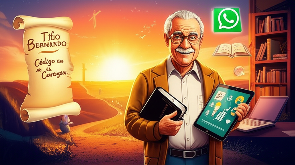 Ilustração de Titio Bernardo segurando a Bíblia e um tablet, com um pergaminho luminoso escrito Código da Coragem, representando aprendizado e desenvolvimento pessoal.