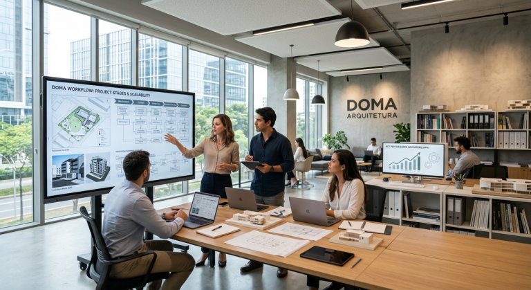 Arquitetos colaborando em um escritório de arquitetura moderno, utilizando ferramentas digitais para gerir projetos e planos, simbolizando os processos estruturados e a escalabilidade ensinados pela Doma.